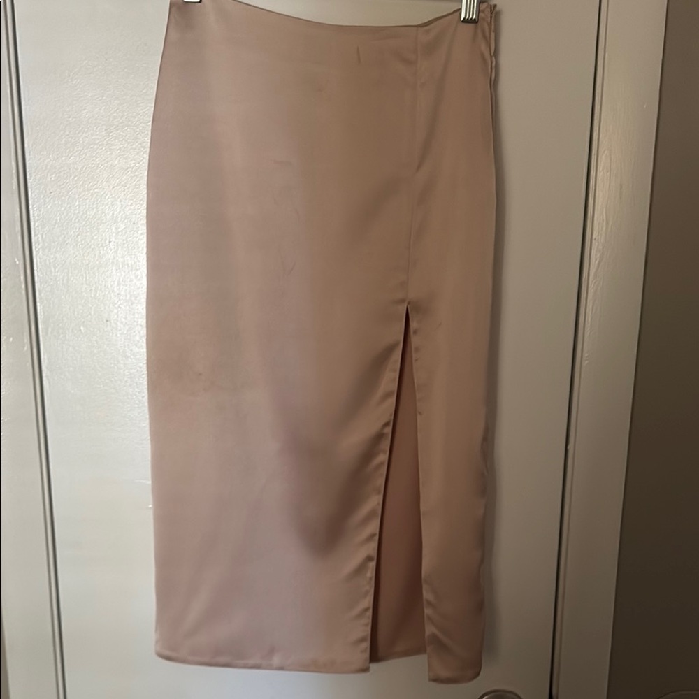 Tan Midi Pencil Skirt with Slit for Work